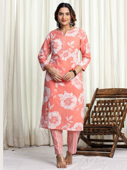 Pure Cotton Printed Kurta Pant Set with HandWork - Peach