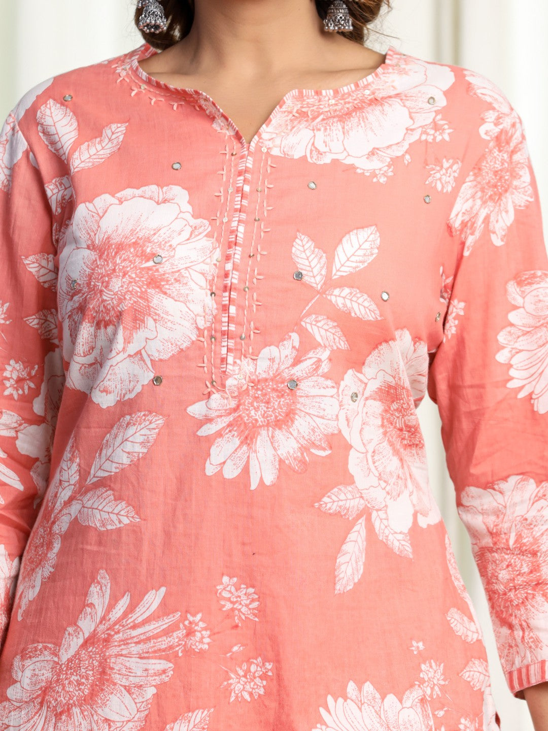 Pure Cotton Printed Kurta Pant Set with HandWork - Peach