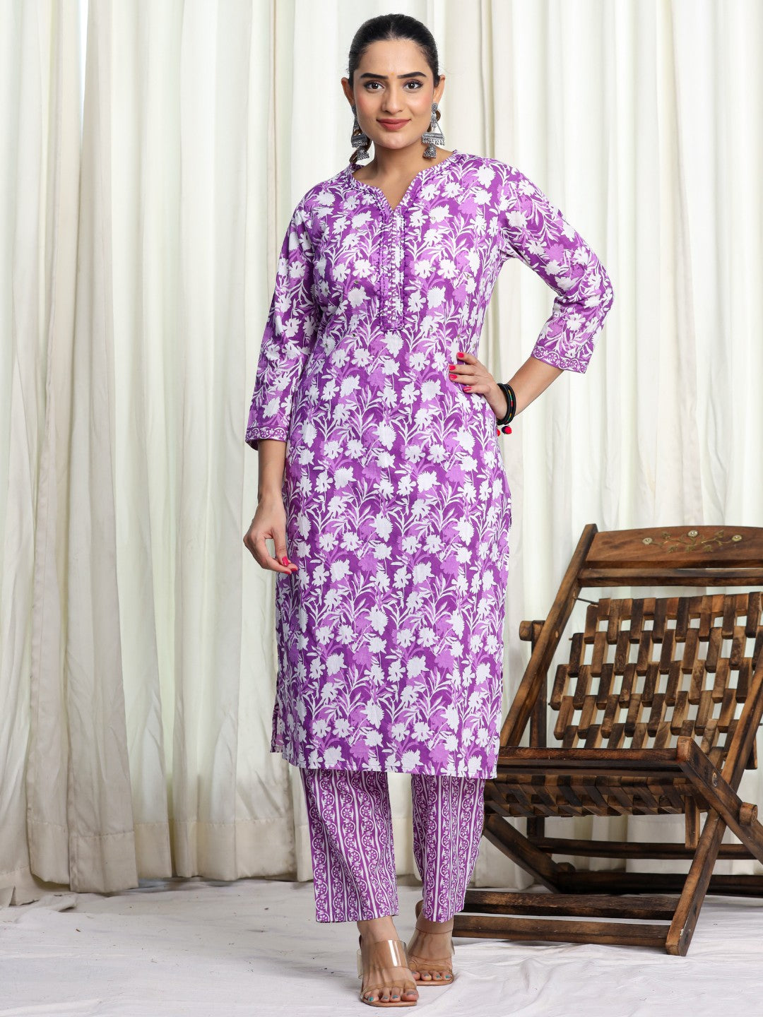 Pure Cotton Printed Kurta Pant Set with HandWork - Purple