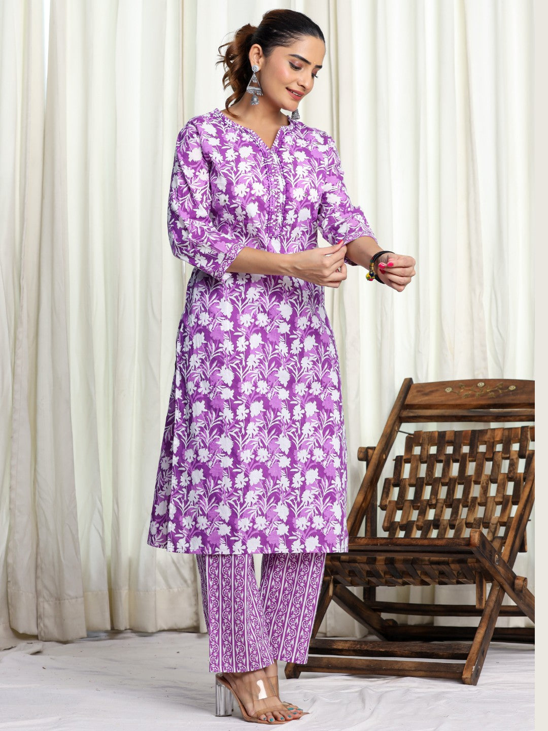 Pure Cotton Printed Kurta Pant Set with HandWork - Purple