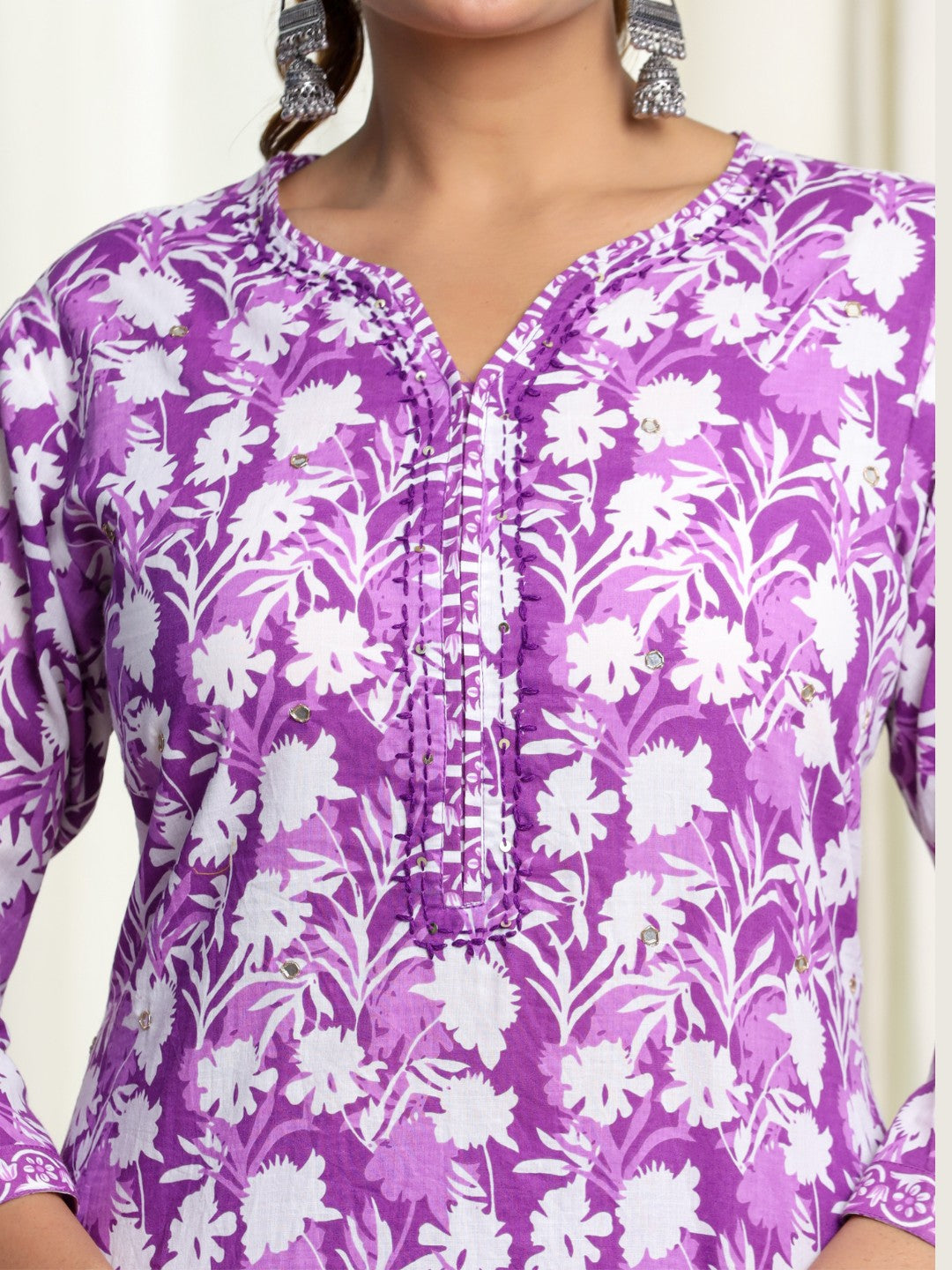 Pure Cotton Printed Kurta Pant Set with HandWork - Purple