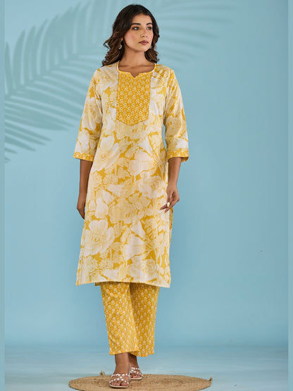 Pure Cotton Printed Kurta Pant Set with HandWork - Yellow