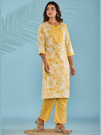 Pure Cotton Printed Kurta Pant Set with HandWork - Yellow