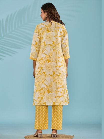 Pure Cotton Printed Kurta Pant Set with HandWork - Yellow