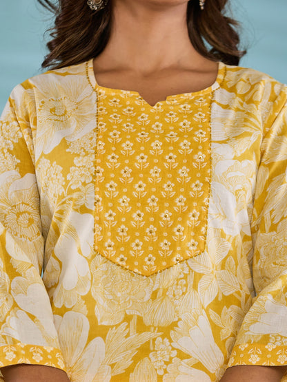 Pure Cotton Printed Kurta Pant Set with HandWork - Yellow