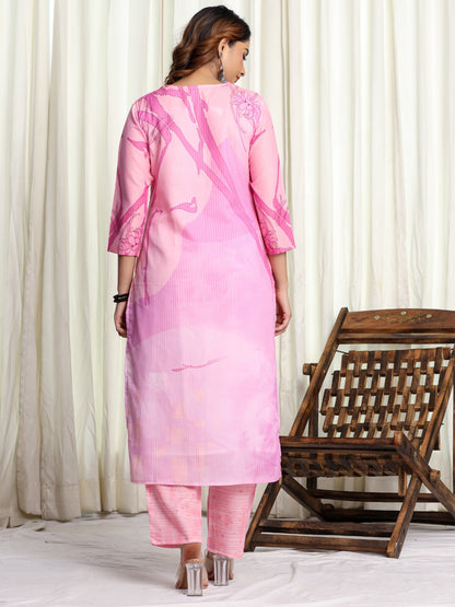 Cotton Digital Print Embroidered Kurta, Pant  and Dupatta Set - Pink