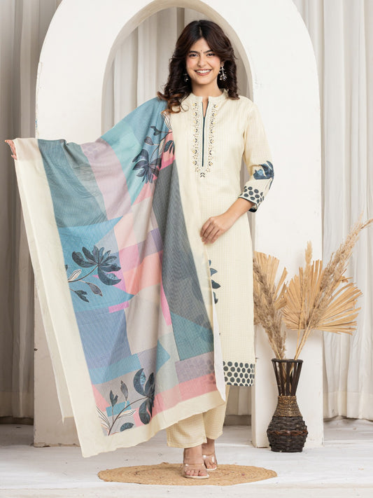 Cotton Digital Print Hand work Kurta, Pant  and Dupatta Set - Beige