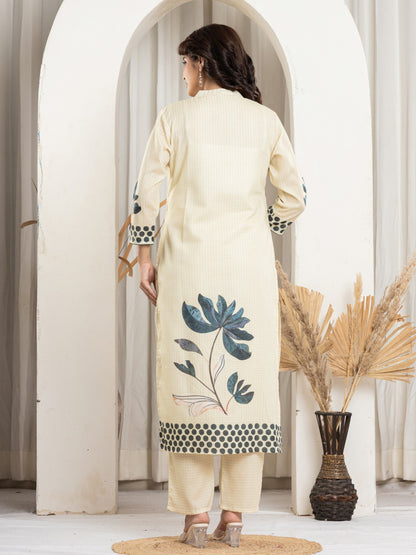 Cotton Digital Print Hand work Kurta, Pant  and Dupatta Set - Beige