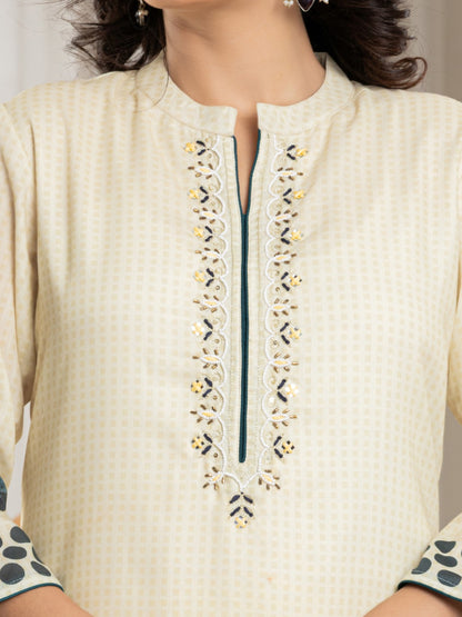 Cotton Digital Print Hand work Kurta, Pant  and Dupatta Set - Beige