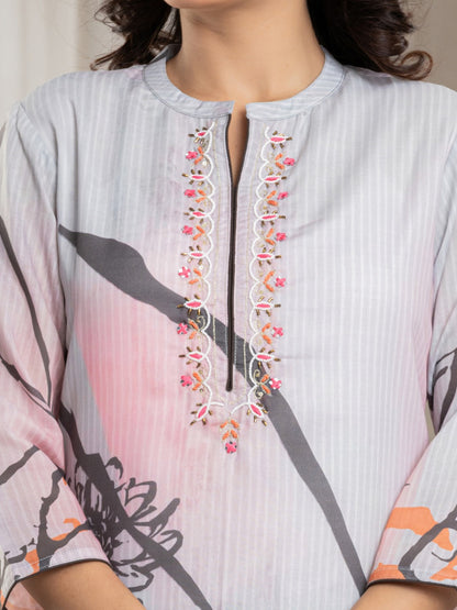 Cotton Digital Print Hand work Kurta, Pant  and Dupatta Set - Grey