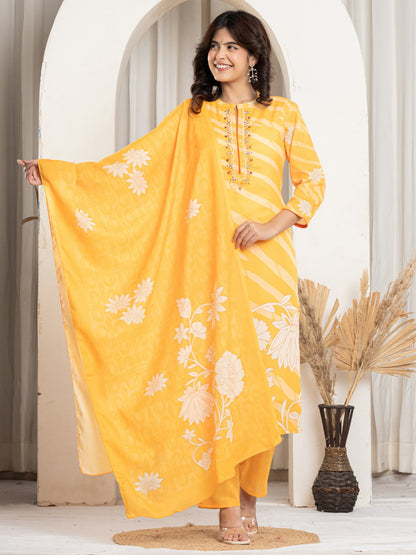 Cotton Digital Print Hand work Kurta, Pant  and Dupatta Set - Yellow