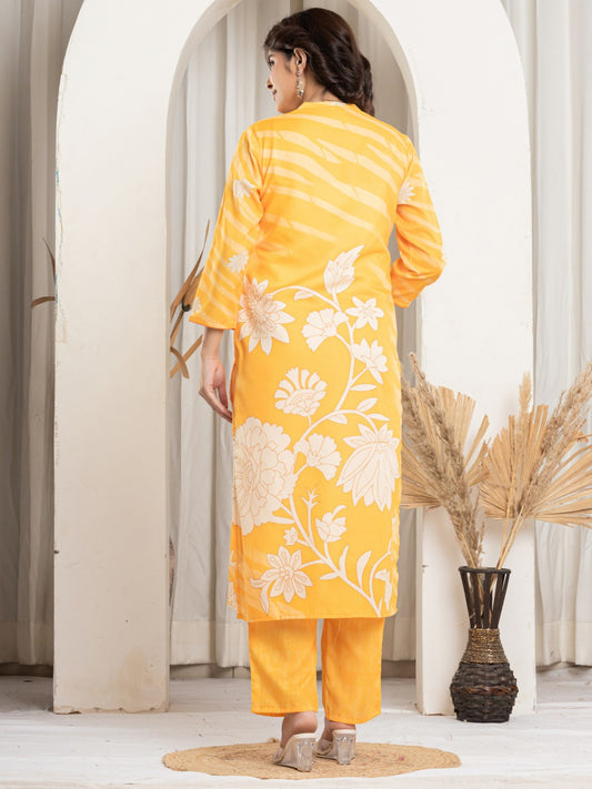 Cotton Digital Print Hand work Kurta, Pant  and Dupatta Set - Yellow