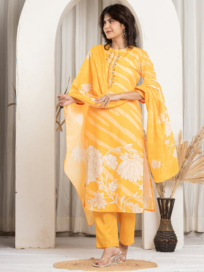 Cotton Digital Print Hand work Kurta, Pant  and Dupatta Set - Yellow