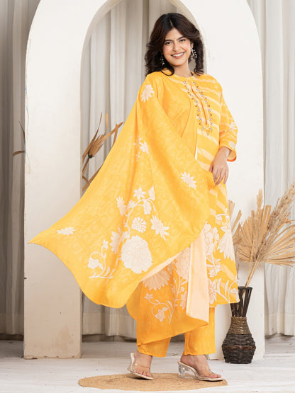 Cotton Digital Print Hand work Kurta, Pant  and Dupatta Set - Yellow