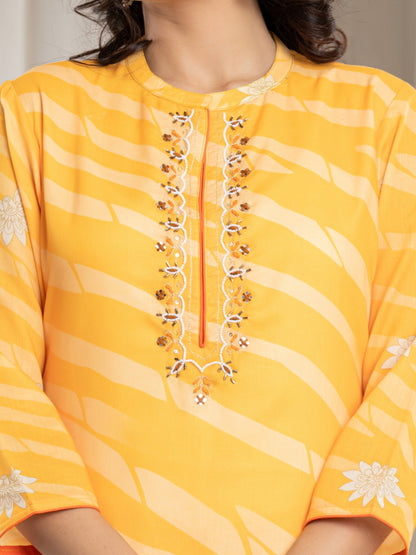 Cotton Digital Print Hand work Kurta, Pant  and Dupatta Set - Yellow