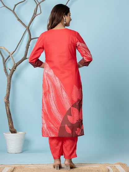 Cotton Digital Print Hand work Kurta, Pant  and Dupatta Set - Red