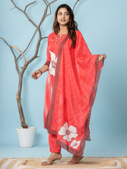 Cotton Digital Print Hand work Kurta, Pant  and Dupatta Set - Red