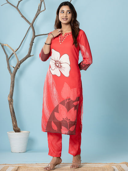 Cotton Digital Print Hand work Kurta, Pant  and Dupatta Set - Red