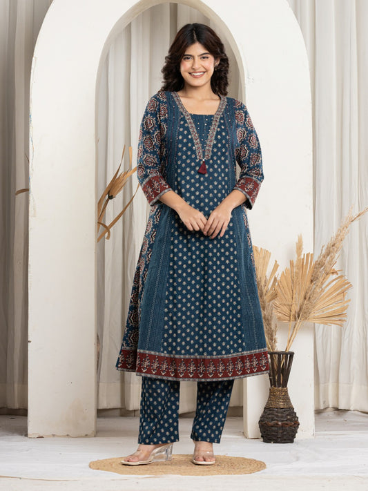 Pure Cotton Printed A-line Kurta Pant Set with HandWork - Navy