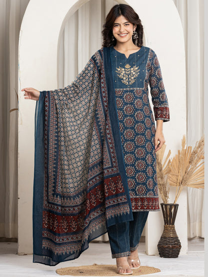 Pure Cotton Printed Kurta Pant and Duaptta Set with HandWork - Navy