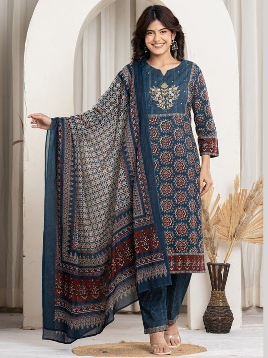 Pure Cotton Printed Kurta Pant and Duaptta Set with HandWork - Navy