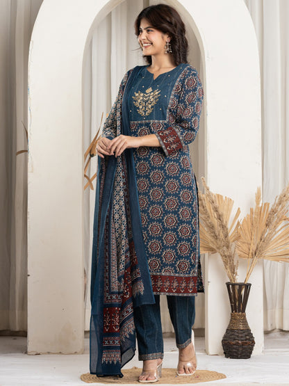 Pure Cotton Printed Kurta Pant and Duaptta Set with HandWork - Navy