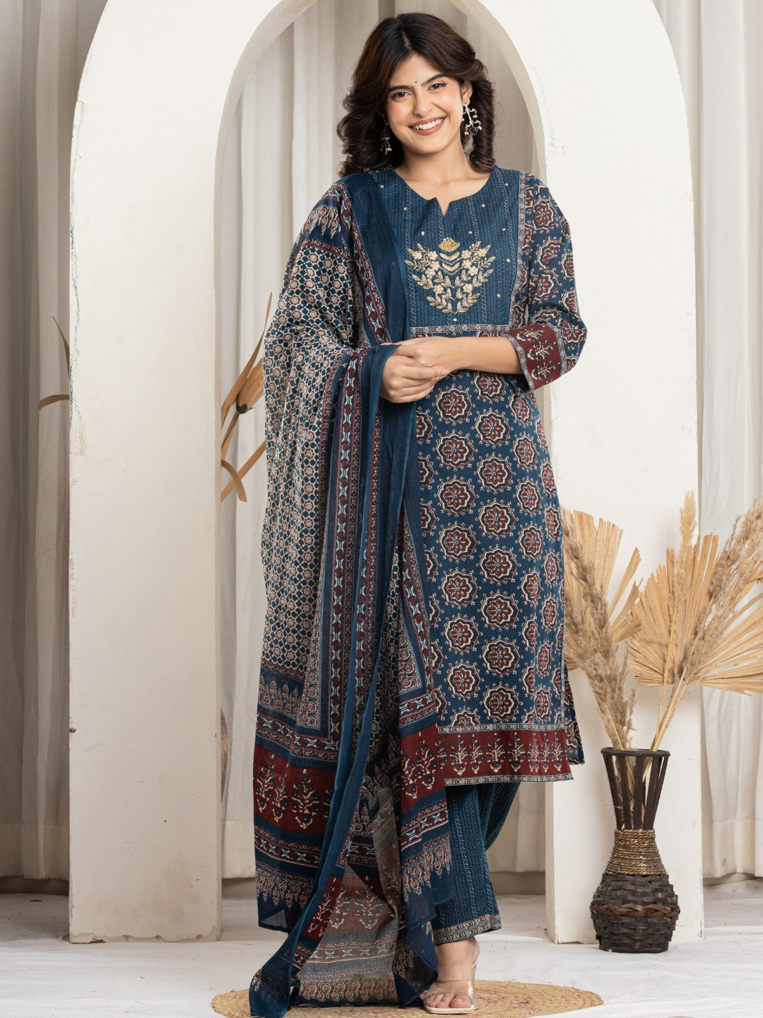 Pure Cotton Printed Kurta Pant and Duaptta Set with HandWork - Navy