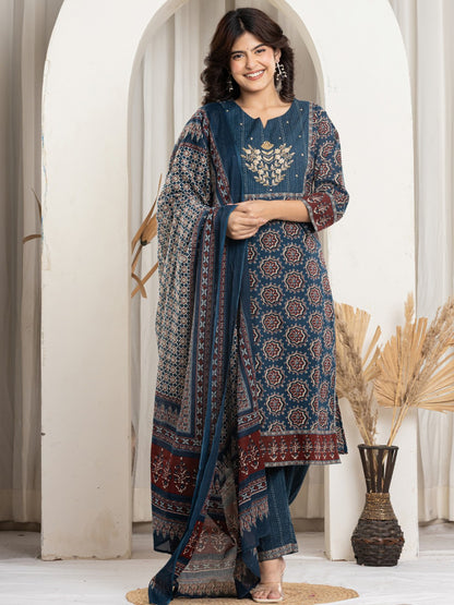 Pure Cotton Printed Kurta Pant and Duaptta Set with HandWork - Navy