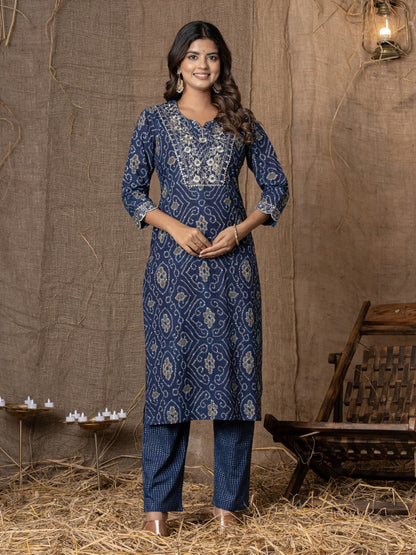Pure Cotton Bandhani Print Embroidered Kurta, Pant  and Dupatta Set - Blue