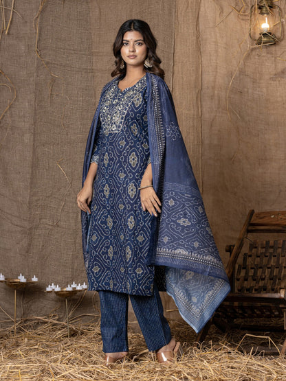 Pure Cotton Bandhani Print Embroidered Kurta, Pant  and Dupatta Set - Blue