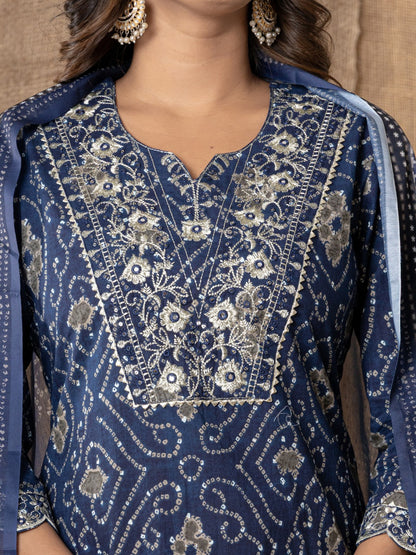 Pure Cotton Bandhani Print Embroidered Kurta, Pant  and Dupatta Set - Blue