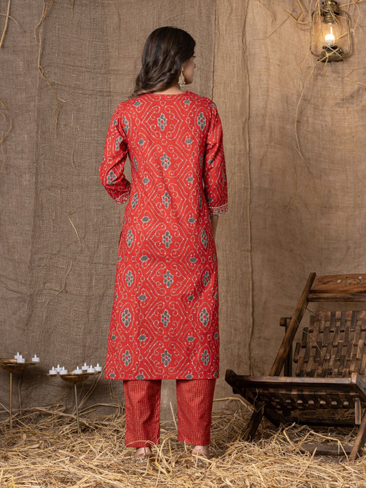 Pure Cotton Bandhani Print Embroidered Kurta, Pant  and Dupatta Set - Red