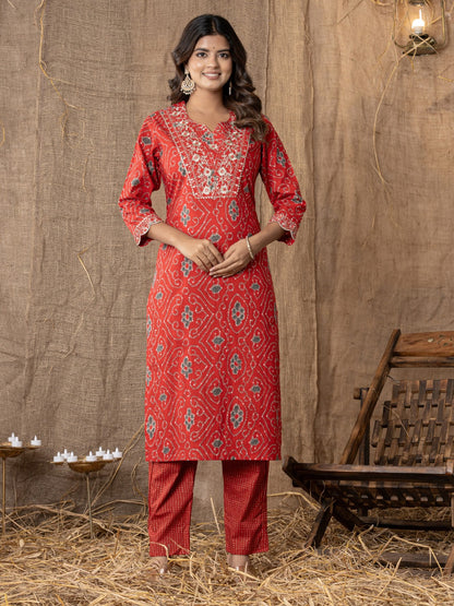 Pure Cotton Bandhani Print Embroidered Kurta, Pant  and Dupatta Set - Red