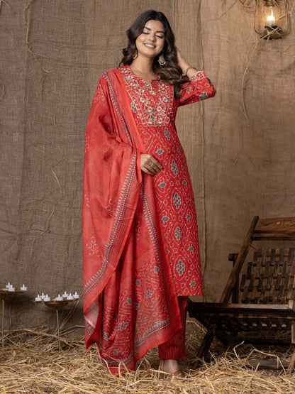 Pure Cotton Bandhani Print Embroidered Kurta, Pant  and Dupatta Set - Red