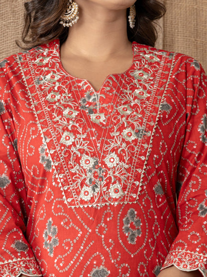 Pure Cotton Bandhani Print Embroidered Kurta, Pant  and Dupatta Set - Red