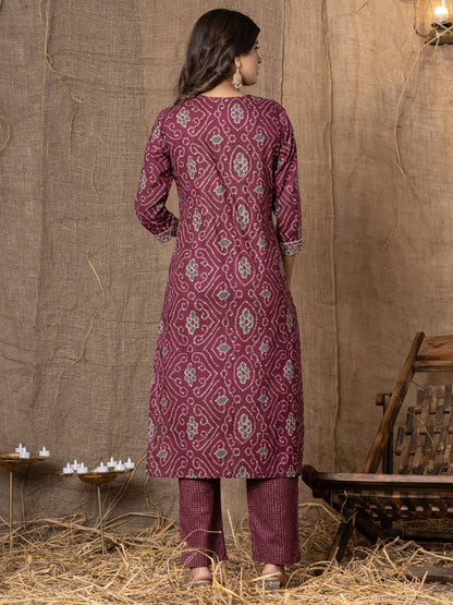 Pure Cotton Bandhani Print Embroidered Kurta, Pant  and Dupatta Set - Wine