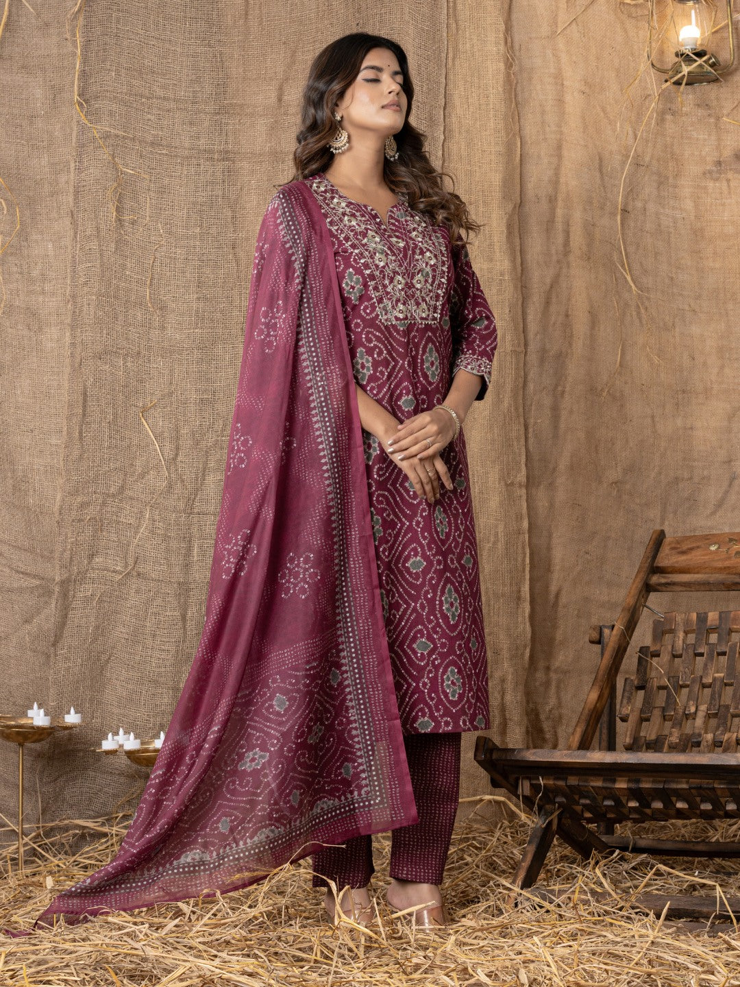 Pure Cotton Bandhani Print Embroidered Kurta, Pant  and Dupatta Set - Wine