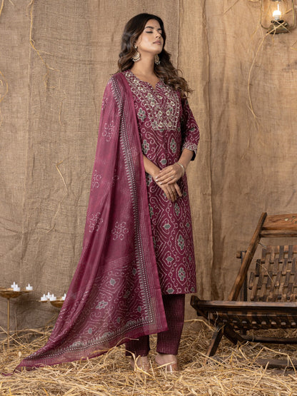 Pure Cotton Bandhani Print Embroidered Kurta, Pant  and Dupatta Set - Wine