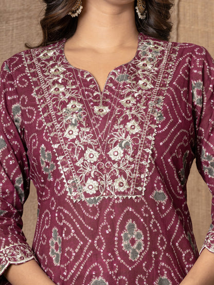 Pure Cotton Bandhani Print Embroidered Kurta, Pant  and Dupatta Set - Wine