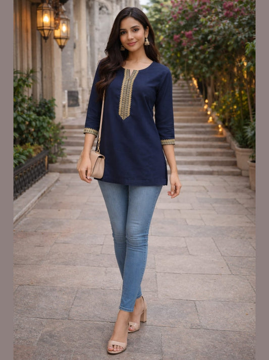 Indigo Aura: The "Desi-Cool" Rayon Tunic