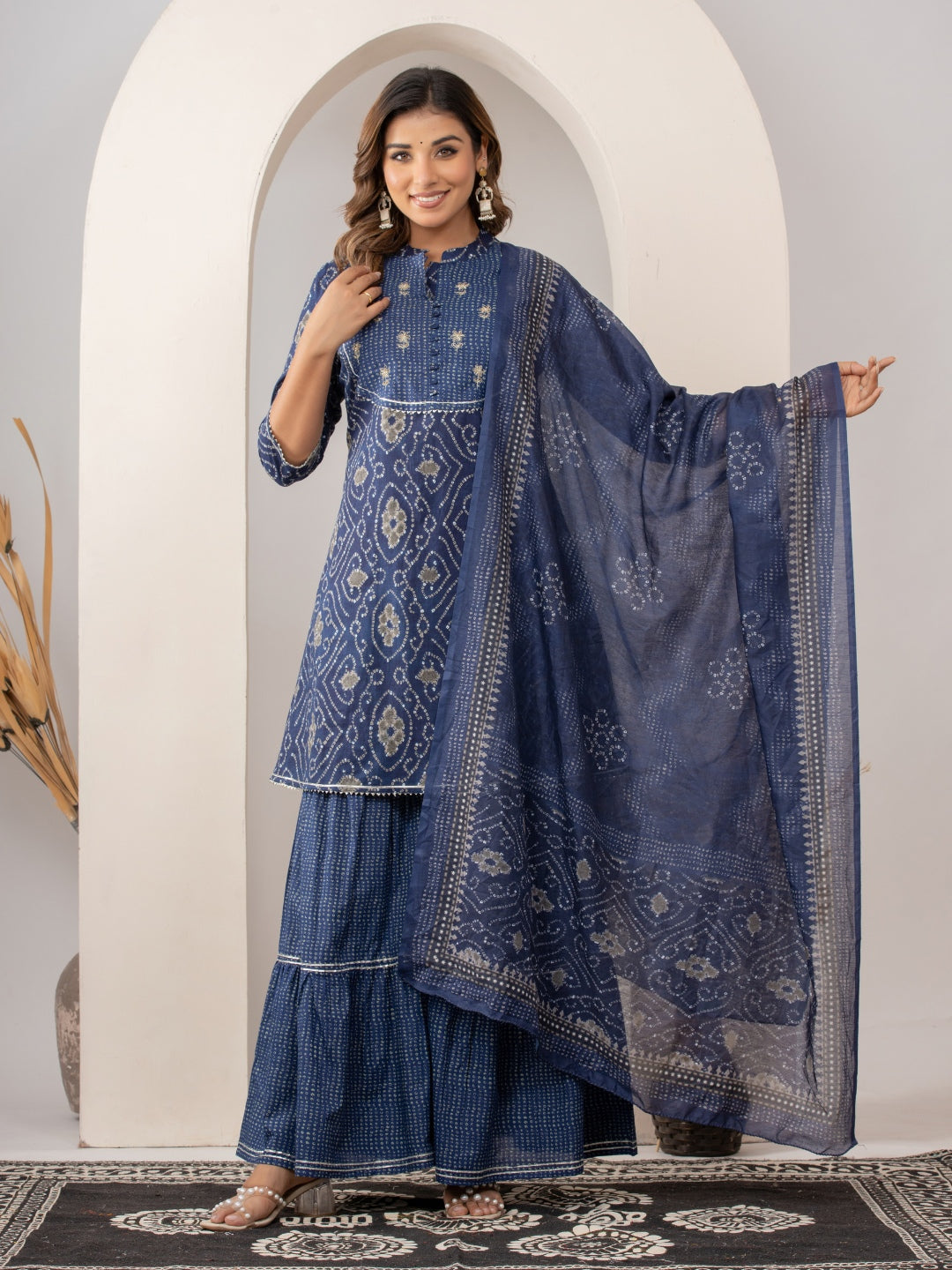Pure Cotton Bandhani Print HandWork Kurta, Sharara and Dupatta Set - Blue