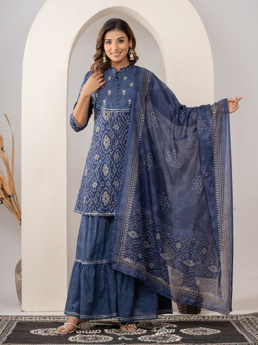 Pure Cotton Bandhani Print HandWork Kurta, Sharara and Dupatta Set - Blue
