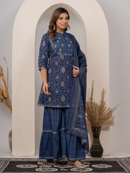Pure Cotton Bandhani Print HandWork Kurta, Sharara and Dupatta Set - Blue