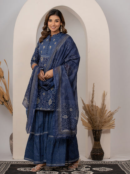 Pure Cotton Bandhani Print HandWork Kurta, Sharara and Dupatta Set - Blue