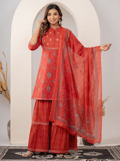 Pure Cotton Bandhani Print HandWork Kurta, Sharara and Dupatta Set - Red