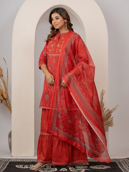 Pure Cotton Bandhani Print HandWork Kurta, Sharara and Dupatta Set - Red