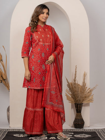 Pure Cotton Bandhani Print HandWork Kurta, Sharara and Dupatta Set - Red