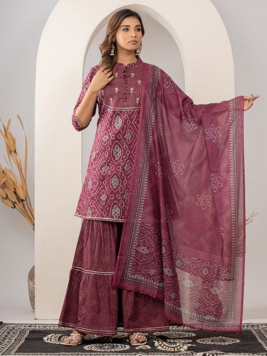 Pure Cotton Bandhani Print HandWork Kurta, Sharara and Dupatta Set - Wine