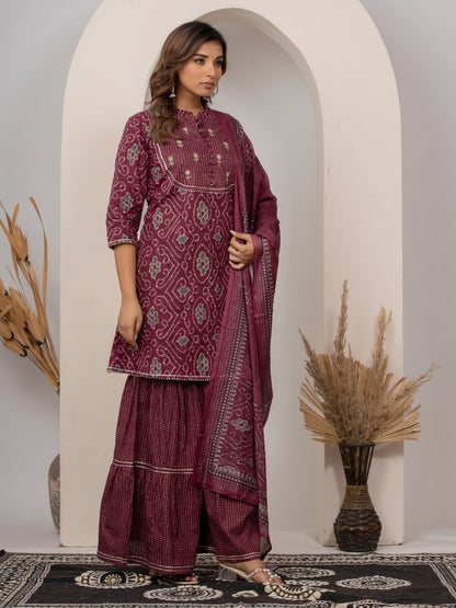 Pure Cotton Bandhani Print HandWork Kurta, Sharara and Dupatta Set - Wine
