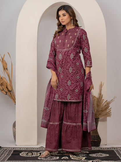 Pure Cotton Bandhani Print HandWork Kurta, Sharara and Dupatta Set - Wine